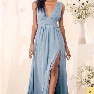 Lulu’s Swiss dot slate blue maxi dress